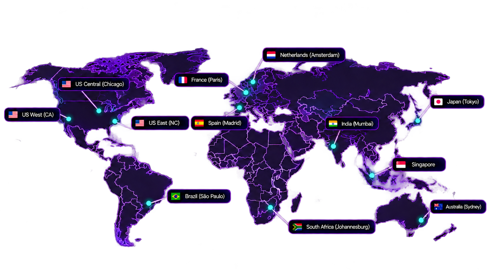 World map of Pingy's 12 monitoring stations, including Madrid, Johannesburg, Paris, Amsterdam, Chicago, North Carolina, California, São Paulo, Mumbai, Singapore, Tokyo and Sydney
