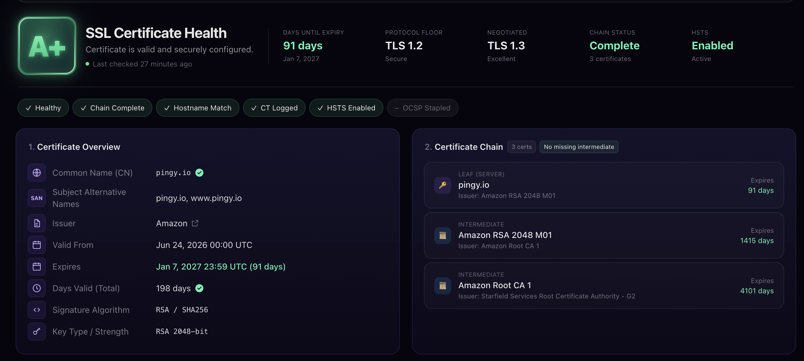 Pingy SSL certificate health report with an A+ grade, expiry, TLS protocols and certificate chain