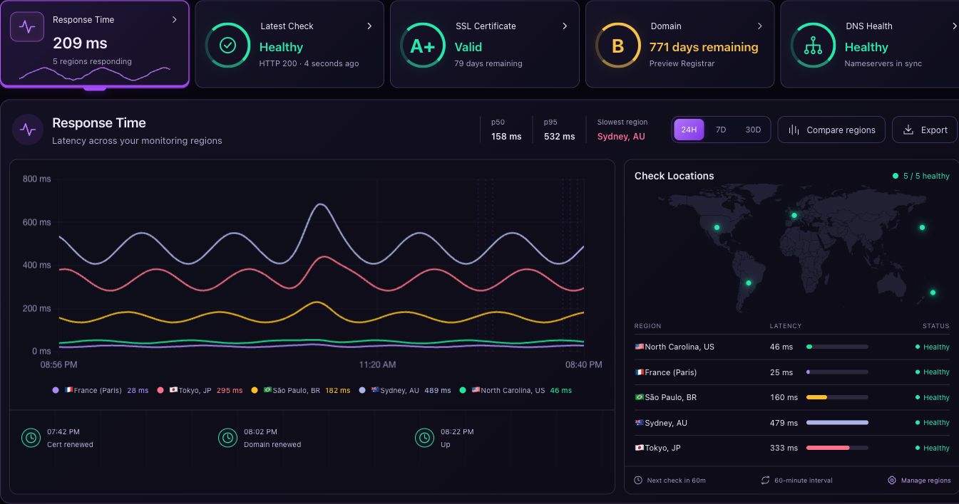Pingy dashboard with five report tabs, regional latency chart and check locations